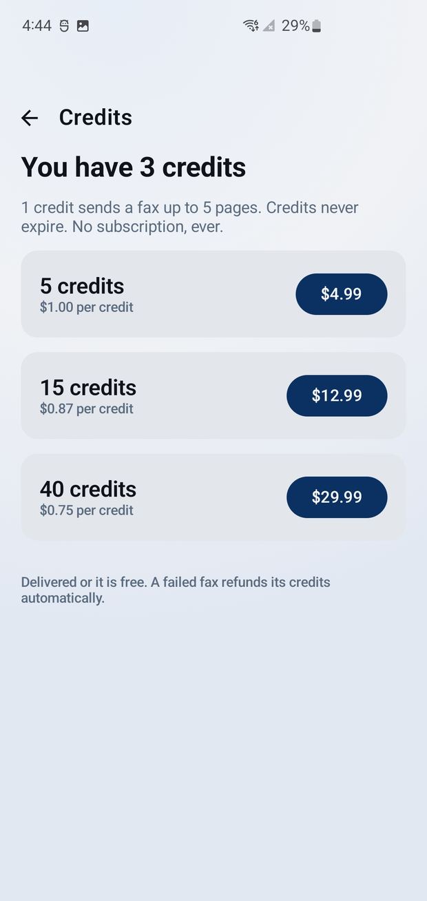 SatisFaxion credit packs: 5 for $4.99, 15 for $12.99 and 40 for $29.99, no subscription