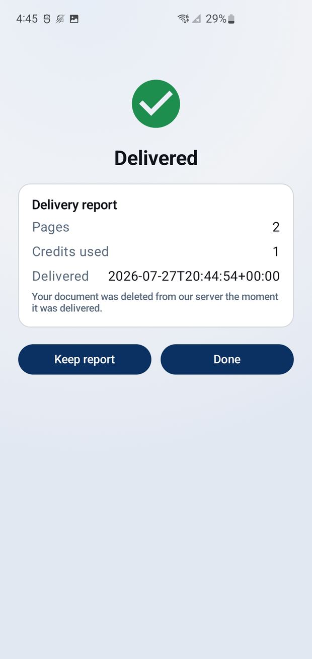 A SatisFaxion delivery report showing pages, credits used, and zero document retention