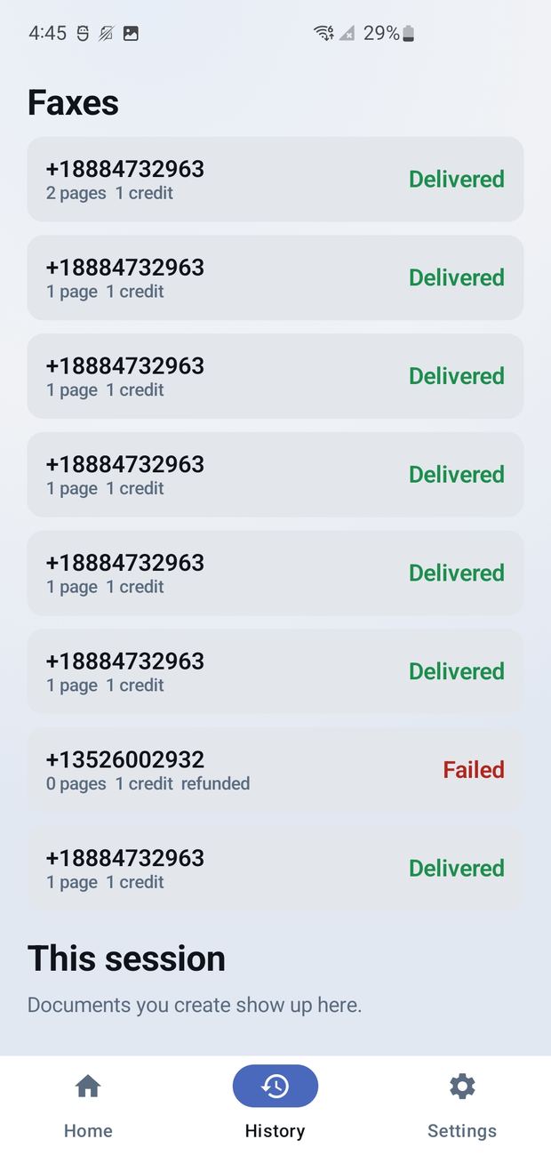 Fax history listing delivered faxes and a failed one with its credit refunded