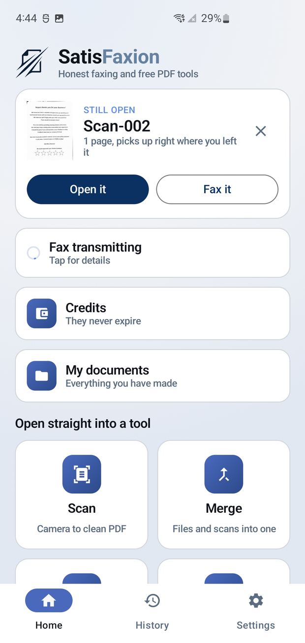 SatisFaxion Android home screen showing an open scanned document ready to fax