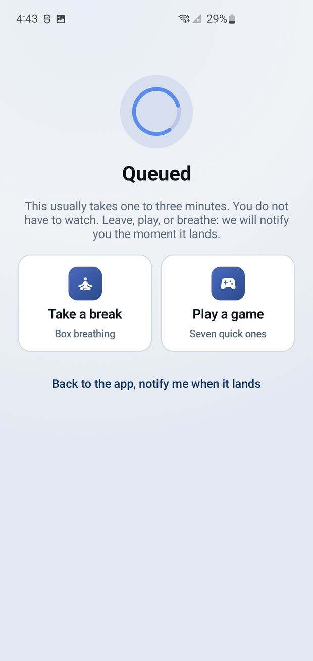 A fax queued for sending, with the option to take a break or play a game